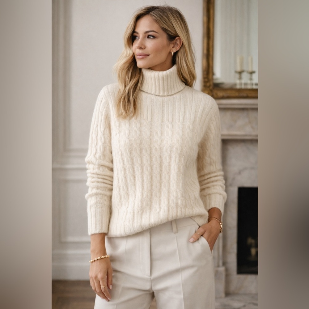 Yarnworks Cable Knit Turtleneck Sweater Women’s Medium Lambswool Angora